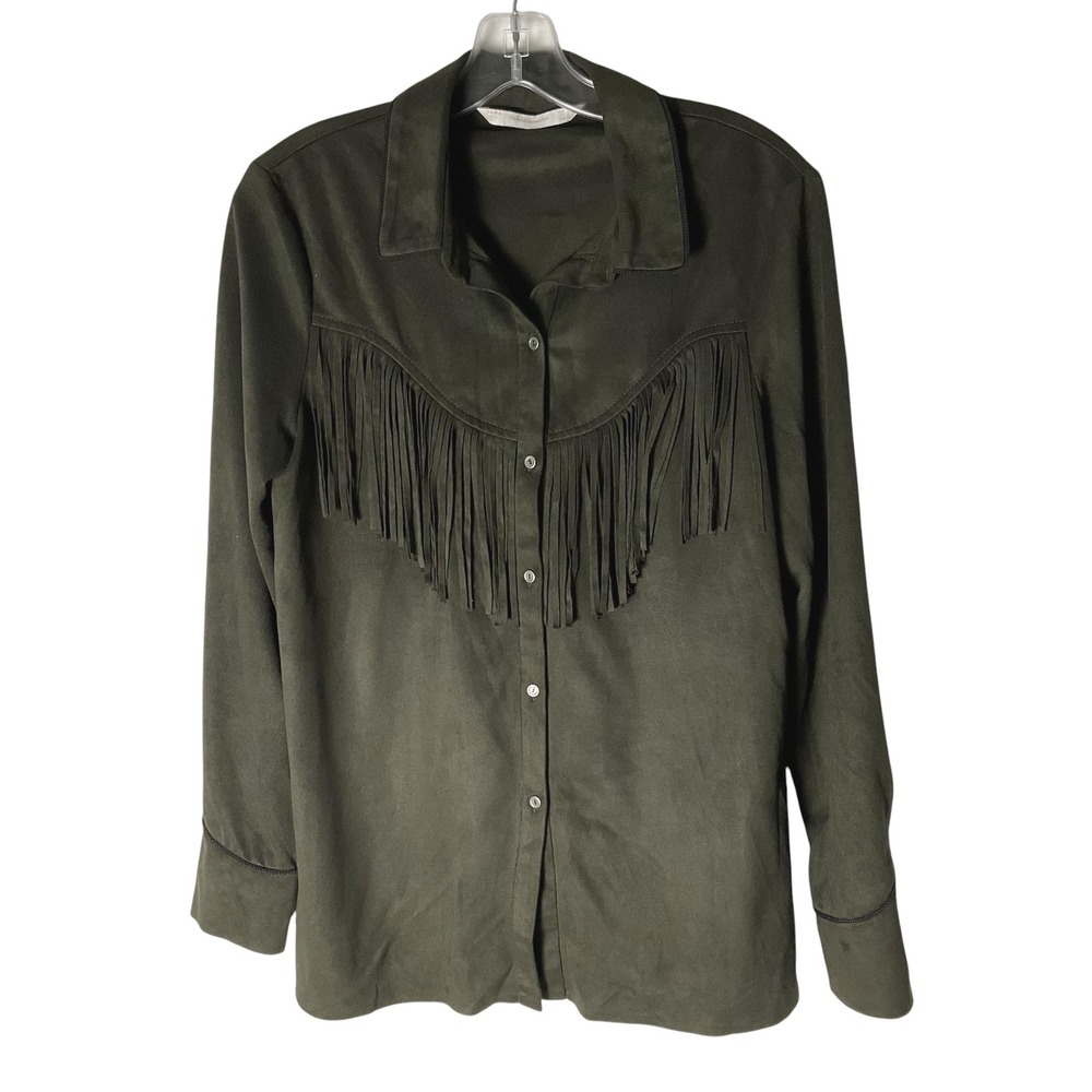 Zara‎ Trafaluc Collection Faux Suede Fringed Western Top Shirt Olive Small